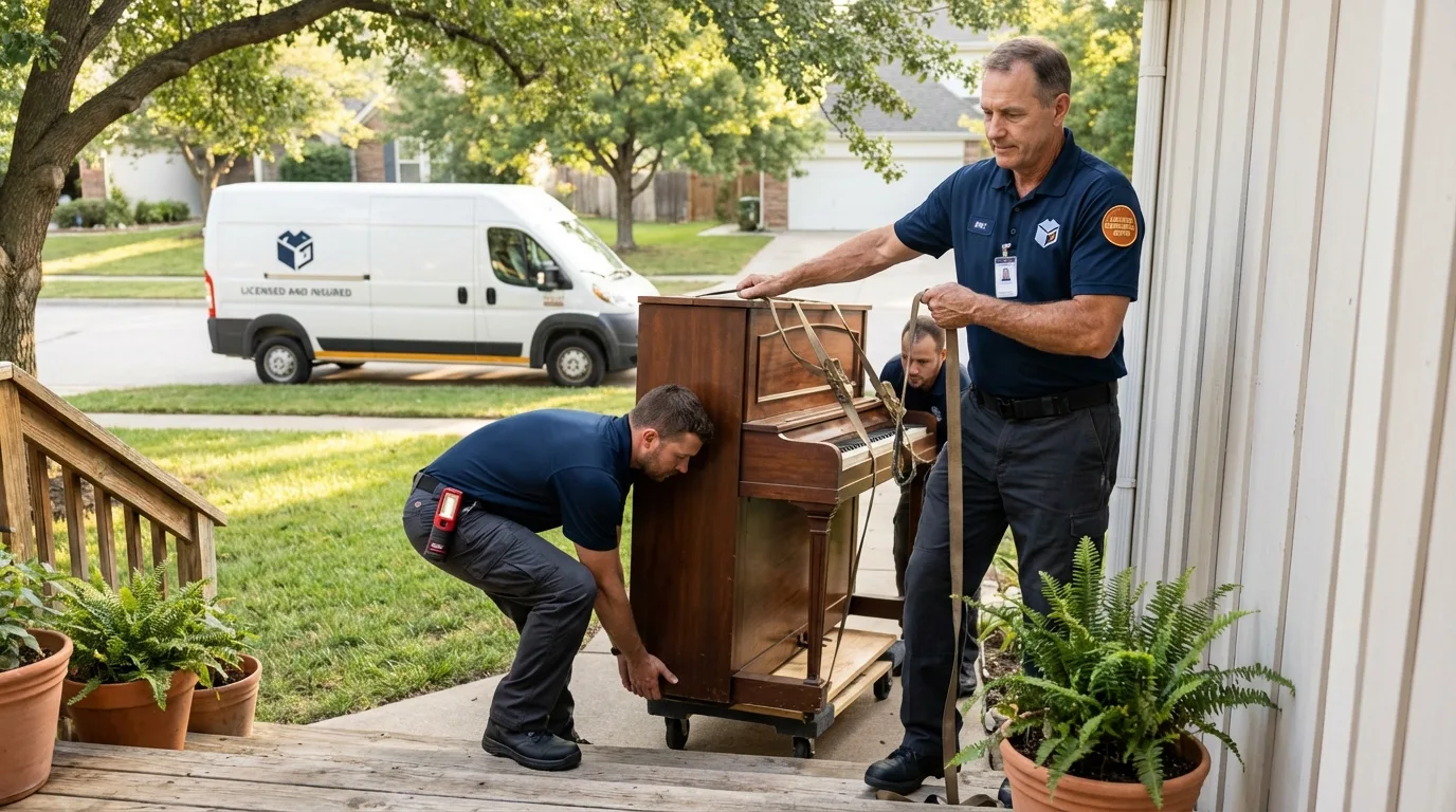 Licensed piano movers securing grand piano in Columbus, MS