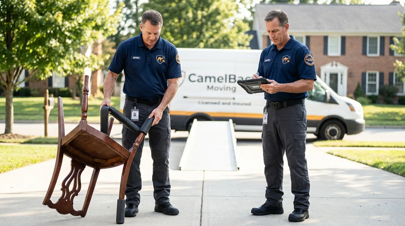 Movers inspecting furniture for damage prevention before loading in Columbus, MS