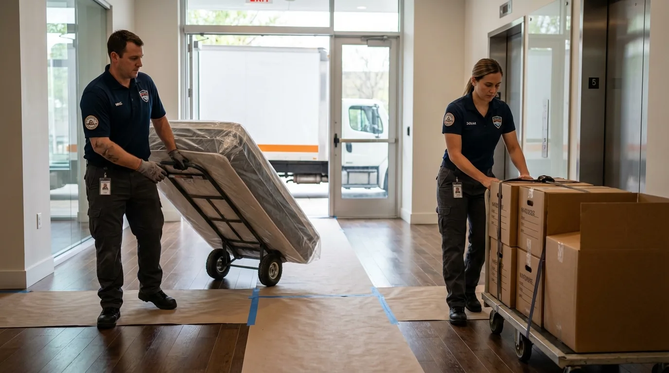 Professional apartment movers loading elevator in Columbus, MS